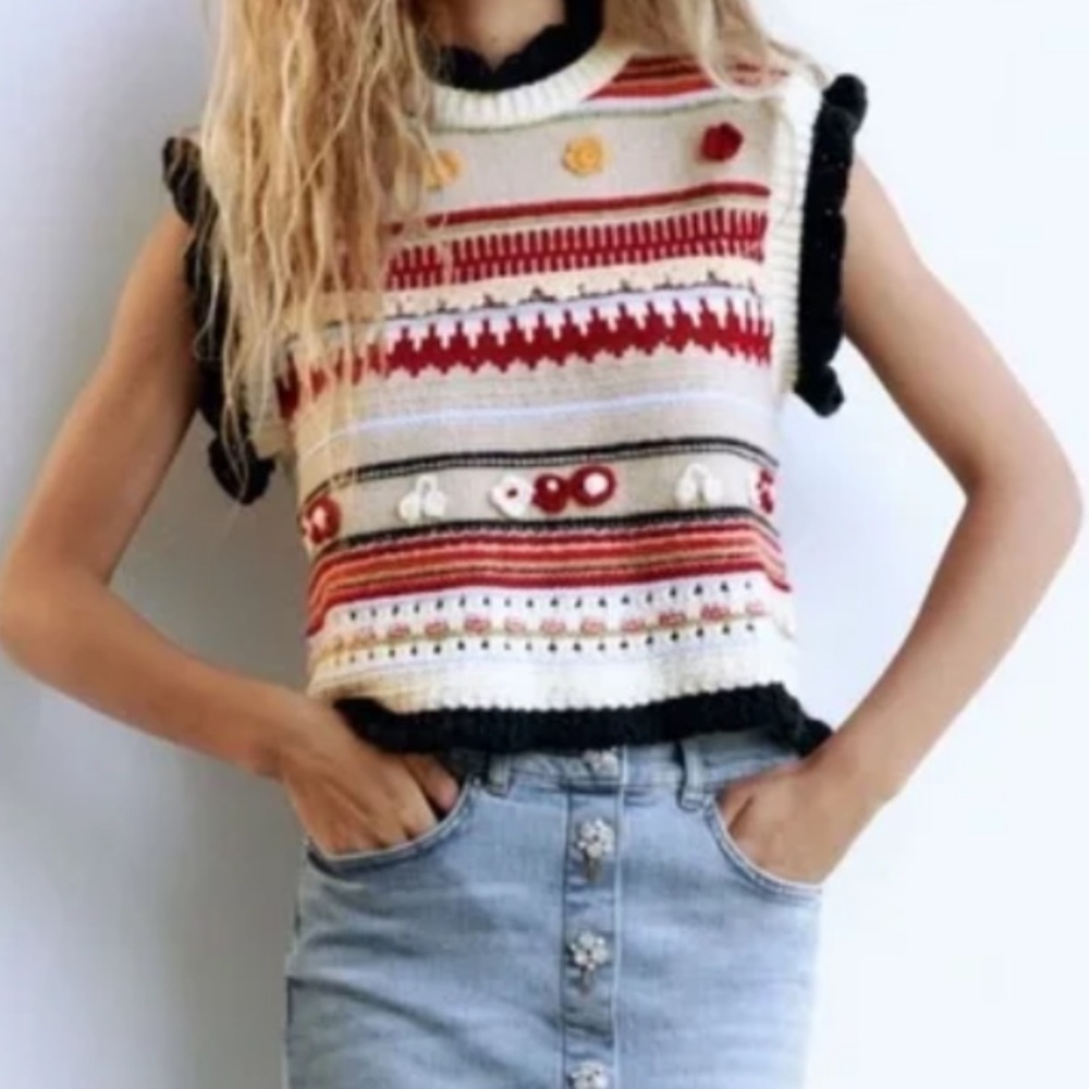 Zara Crochet Knit Boho Crop Sleeveless Textured Knit Sweater Vest Small